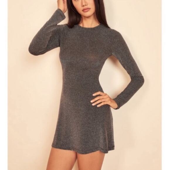 Reformation Women’s Riley Long Sleeve Metallic Silver Black Glitter Mini Dress M - Picture 16 of 16
